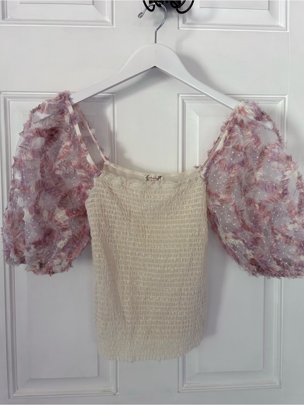 Free People Cream Smocked Camisole with Pink Puff Sleeves